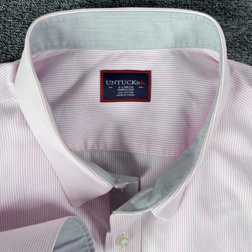 UNTUCKit Mens XL Pink White Micro Stripe Wrinkle Free Long Sleeve Button Down
